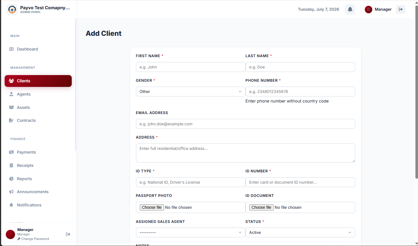Client: Add Client page