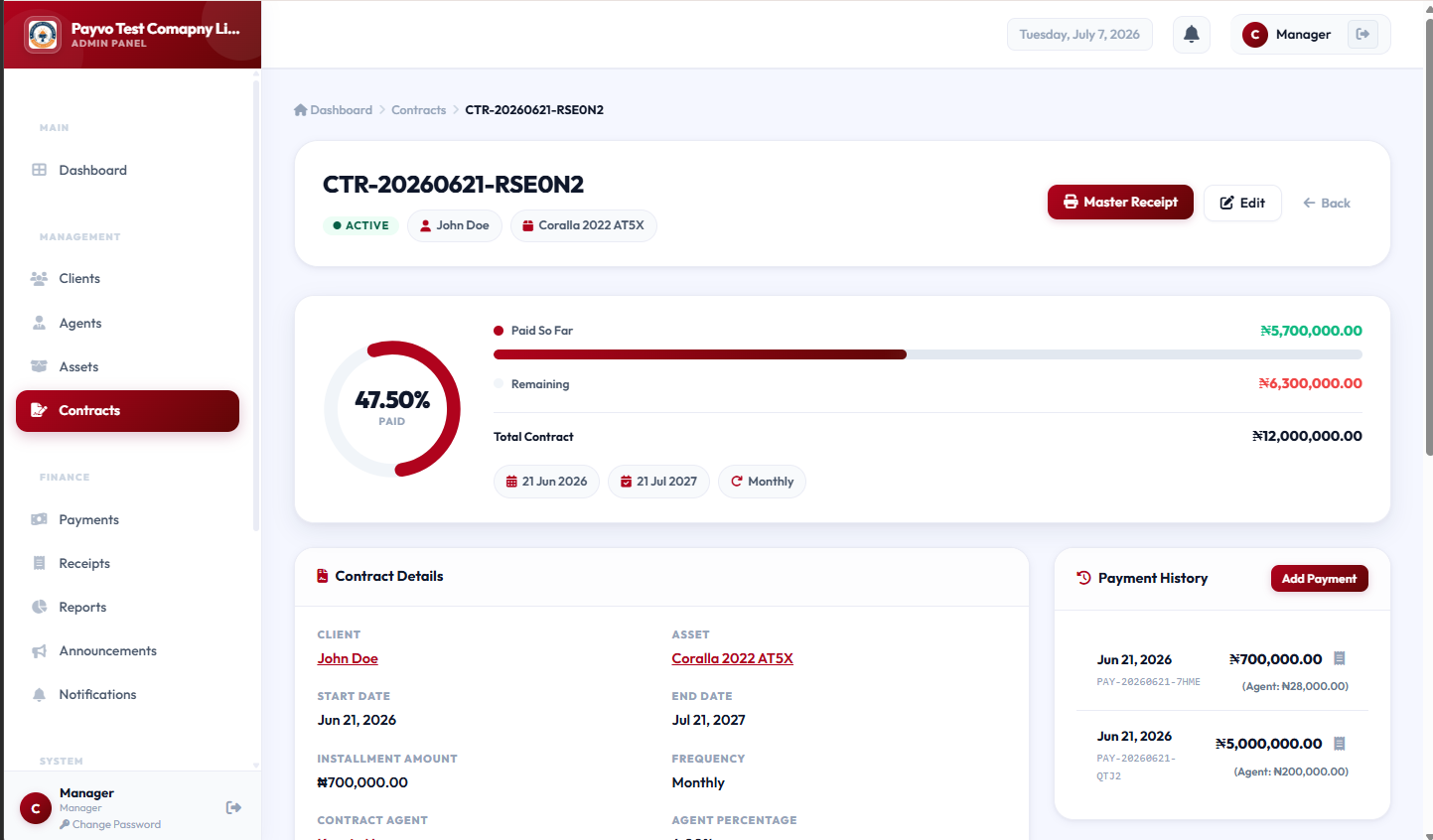 Dashboard showing contract details and payment schedule
