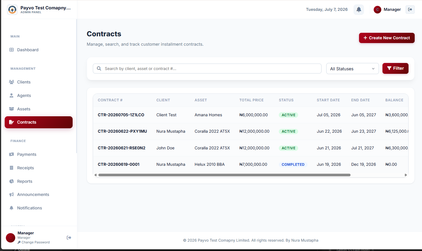 Management: Contracts list page