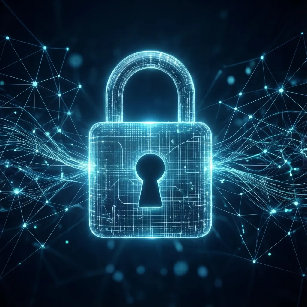 A secure digital lock icon overlaying a stylized representation of data flowing, symbolizing Payvo's commitment to data security and privacy.