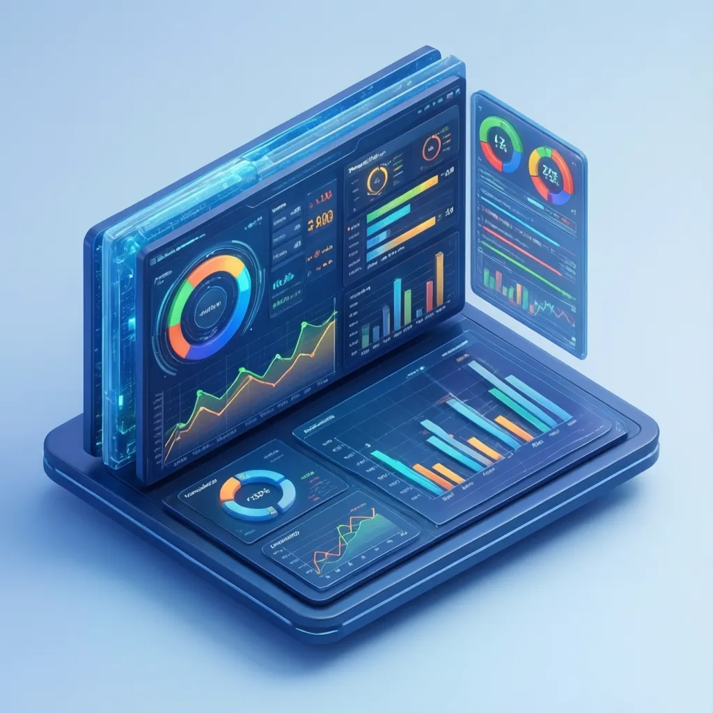 A clean 3D isometric illustration of a stylized digital dashboard showing various business metrics like sales, outstanding payments, and client growth.
