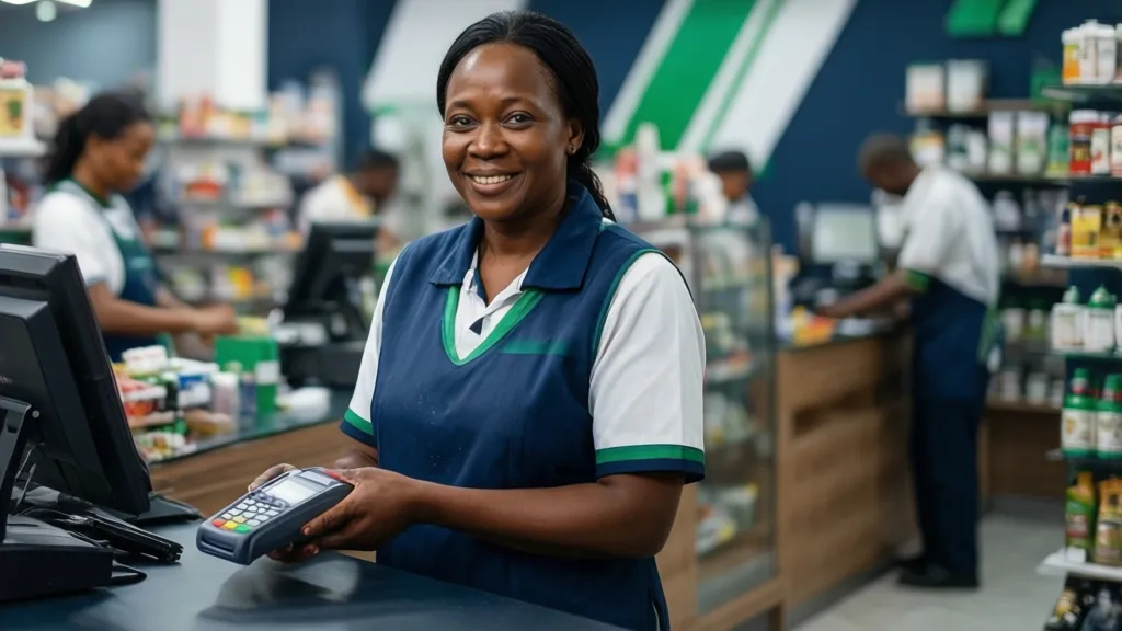 A Nigerian small business owner using a modern payment system