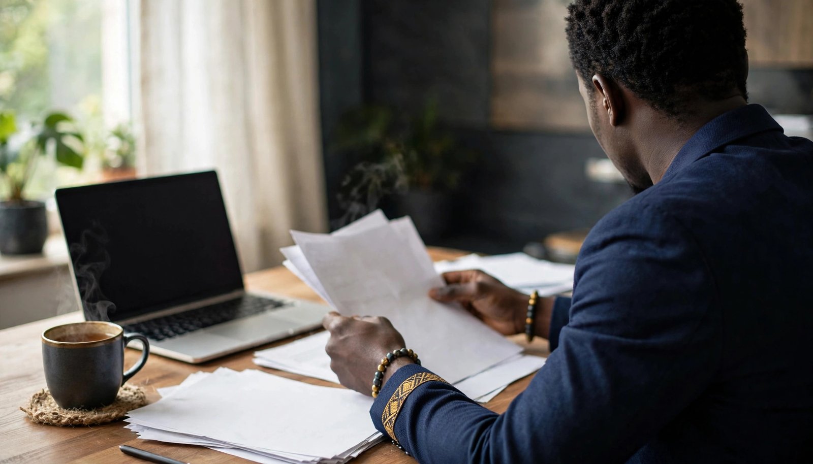 Nigerian business owner reviewing sales reports