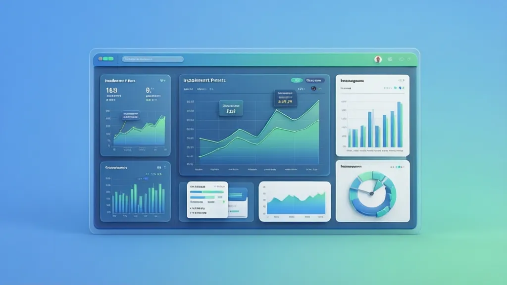 Sleek 3D illustration of a business dashboard displaying financial metrics and data visualizations, with a focus on installment payments and client management. Professional harmonious color palette with blues, greens, and whites. Professional, trustworthy, modern mood. Rule of thirds composition, clean background, ample negative space. 16:9 landscape aspect ratio. ABSOLUTELY NO text, letters, words, numbers, titles, captions, labels, logos, watermarks, or distorted hands