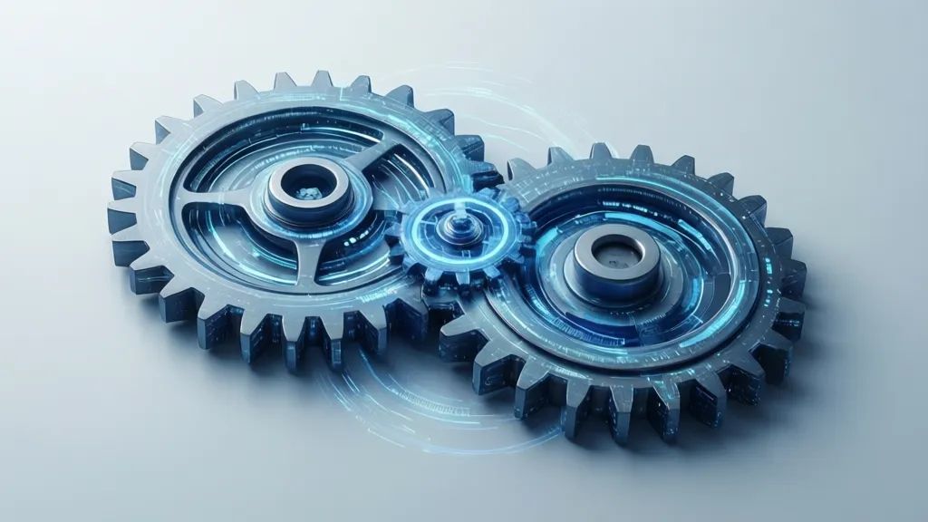 Minimalist graphic design of interlocking digital gears, symbolizing seamless integration and automated processes, against a clean, modern background. Professional harmonious color palette, trustworthy mood, ample negative space, 16:9 aspect ratio.