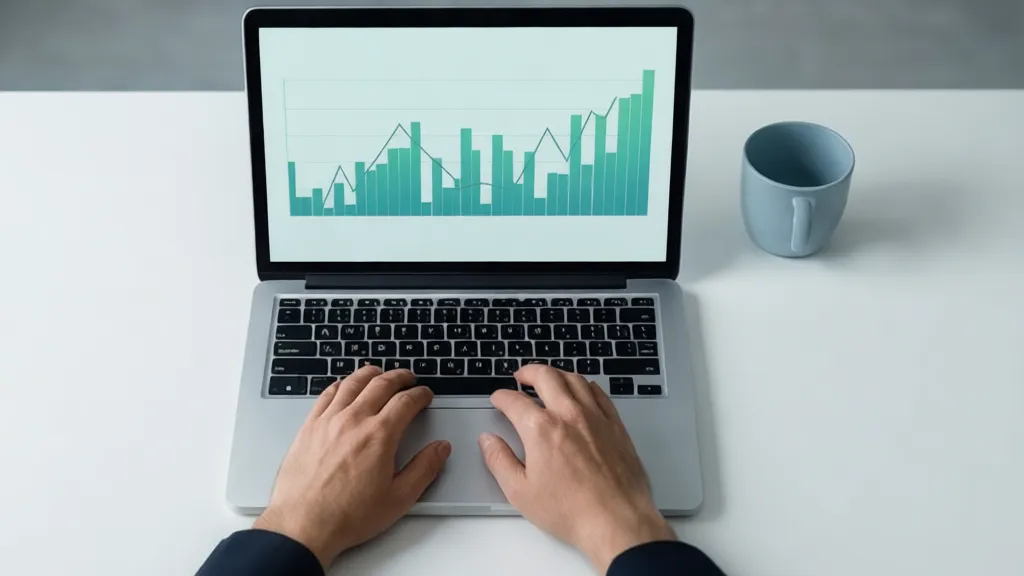 Photorealistic editorial photography of a clean, modern office desk with a laptop displaying a user-friendly financial dashboard, showing graphs and real-time data for installment payments. The palette is professional and vibrant, conveying efficiency and control. Composition is an overhead shot, clean background, ample negative space. 16:9 landscape aspect ratio. ABSOLUTELY NO text, letters, words, numbers, titles, captions, labels, logos, watermarks, or distorted hands