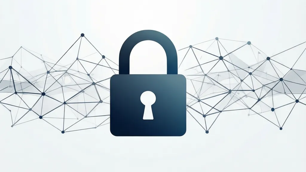 Minimalist graphic design of a secure digital padlock icon overlaid on a network of connected data points. Professional harmonious color palette with subtle gradients of dark blue and grey. Mood is secure, trustworthy, modern. Rule of thirds, clean background, ample negative space. 16:9 landscape aspect ratio.