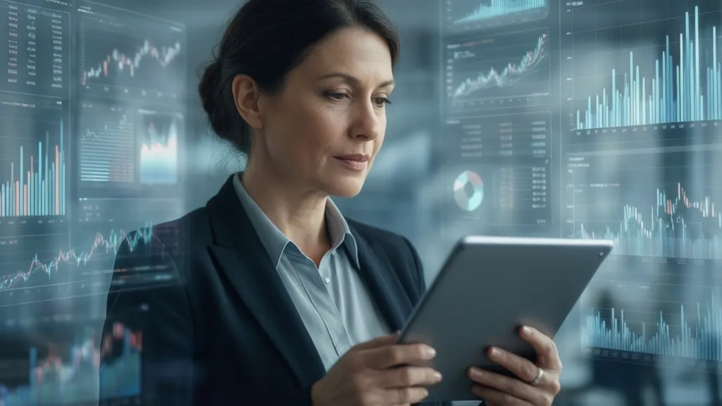 Photorealistic editorial photography of a businesswoman looking thoughtfully at a tablet, surrounded by blurred financial graphs and data on transparent screens. The palette is professional and calm, with a serious but hopeful mood. Composition follows the rule of thirds.