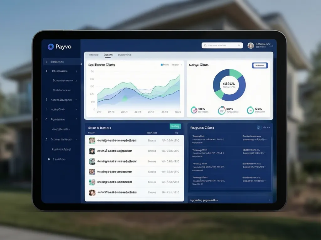 A sleek, modern interface of the Payvo dashboard with charts, graphs, and client lists, showing real-time data and automated processes