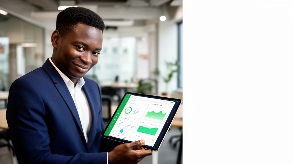 A Nigerian entrepreneur smiling confidently while looking at a tablet displaying a clean, modern business dashboard.