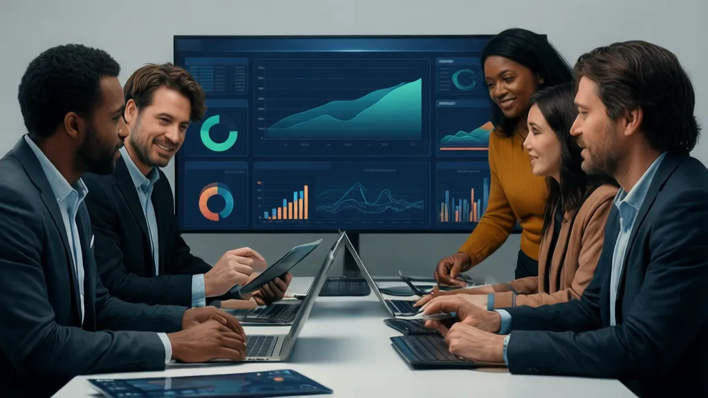 Photorealistic editorial photography of a diverse team of professionals collaborating around a digital dashboard displaying sales performance and commission metrics. Professional harmonious color palette fitting the industry domain. Professional, trustworthy, modern mood. Rule of thirds, clean background, ample negative space. 16:9 landscape aspect ratio.