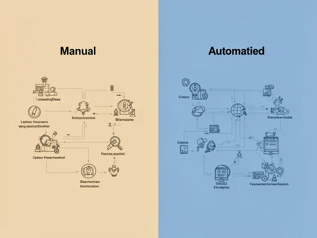 Minimalist graphic design showing two contrasting columns, one with messy, handwritten notes and scattered papers representing manual tracking, and the other with a clean, organized digital interface representing automated tracking.