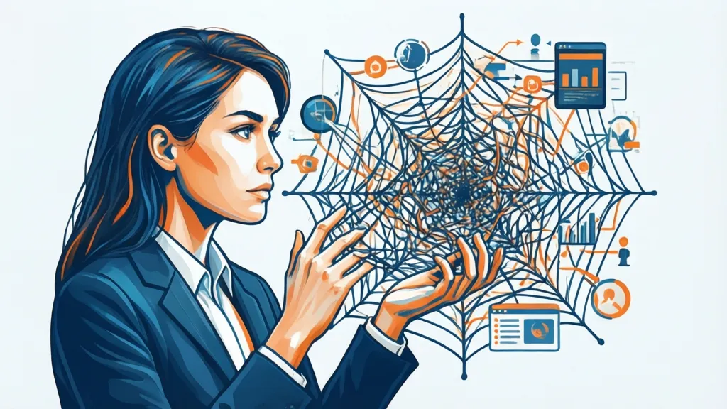 Stylized illustration of a business person looking at a complex, tangled web of processes, representing common business challenges