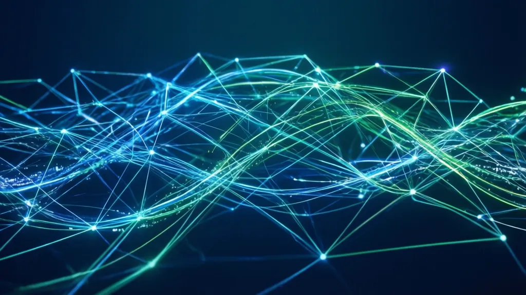 Sleek 3D illustration of a vibrant, interconnected digital network representing seamless data flow and automation. Professional harmonious color palette with blues, greens, and whites. Professional, trustworthy, modern mood. Rule of thirds, clean background, ample negative space. 16:9 landscape aspect ratio. ABSOLUTELY NO text, letters, words, numbers, titles, captions, labels, logos, watermarks, or distorted hands