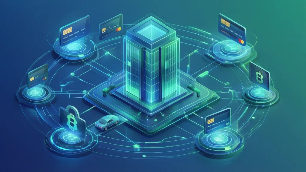 Sleek 3D illustration of interconnected digital payment icons and blockchain symbols forming a secure network around a stylized building and car. Professional harmonious color palette with blues and greens. Professional, trustworthy, modern mood. Rule of thirds composition, clean background, ample negative space. 16:9 landscape aspect ratio.