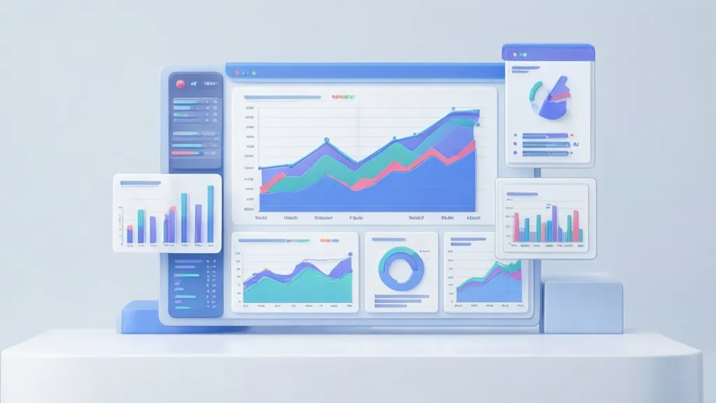 Sleek 3D illustration of a business dashboard with various financial charts and graphs, showing positive trends, professional harmonious color palette, trustworthy, modern, rule of thirds, clean background, ample negative space, 16:9 landscape aspect ratio.