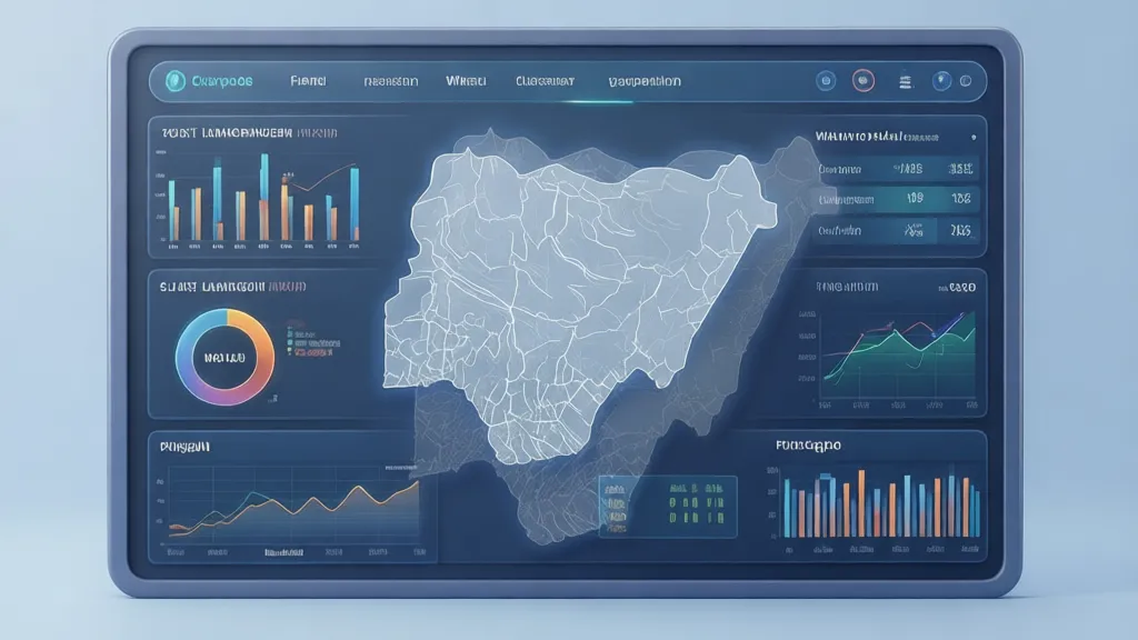 Sleek 3D illustration of a business dashboard showing financial metrics and client information, with a subtle overlay of a map of Nigeria. Professional harmonious color palette, modern mood, clean background, 16:9 aspect ratio.
