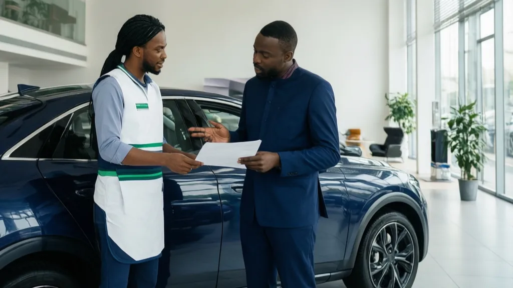 A car dealer discussing a hire purchase agreement with a customer.