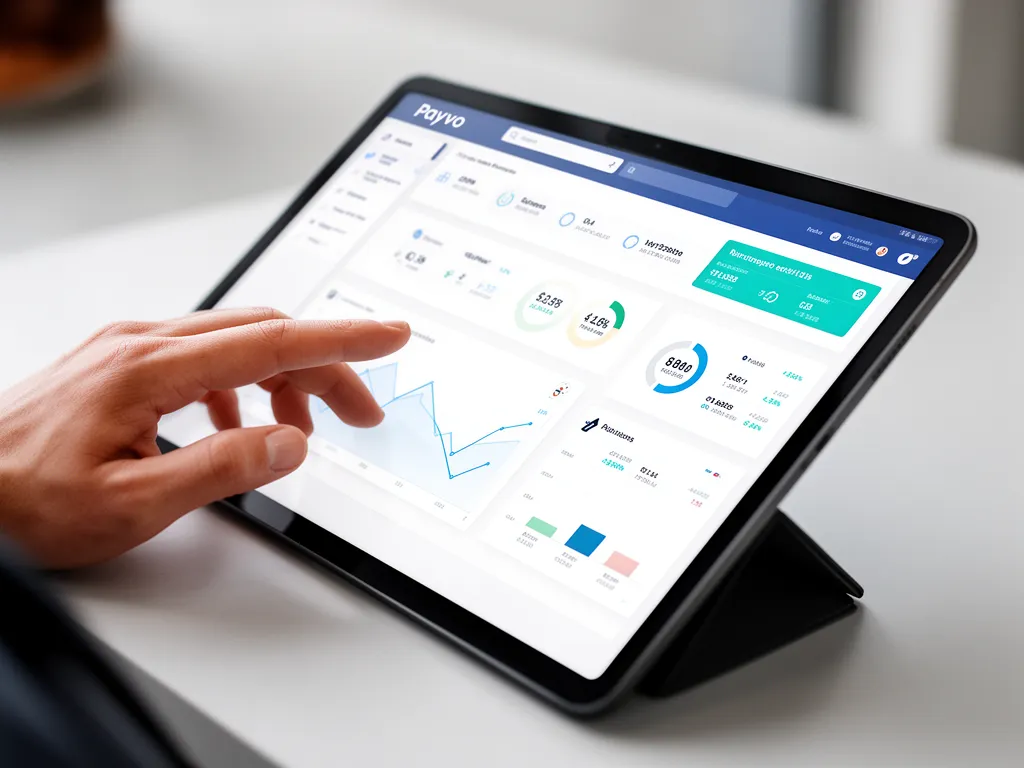 A person's hand interacting with a clean, modern dashboard interface on a tablet, showing financial data and charts, symbolizing ease of use and control