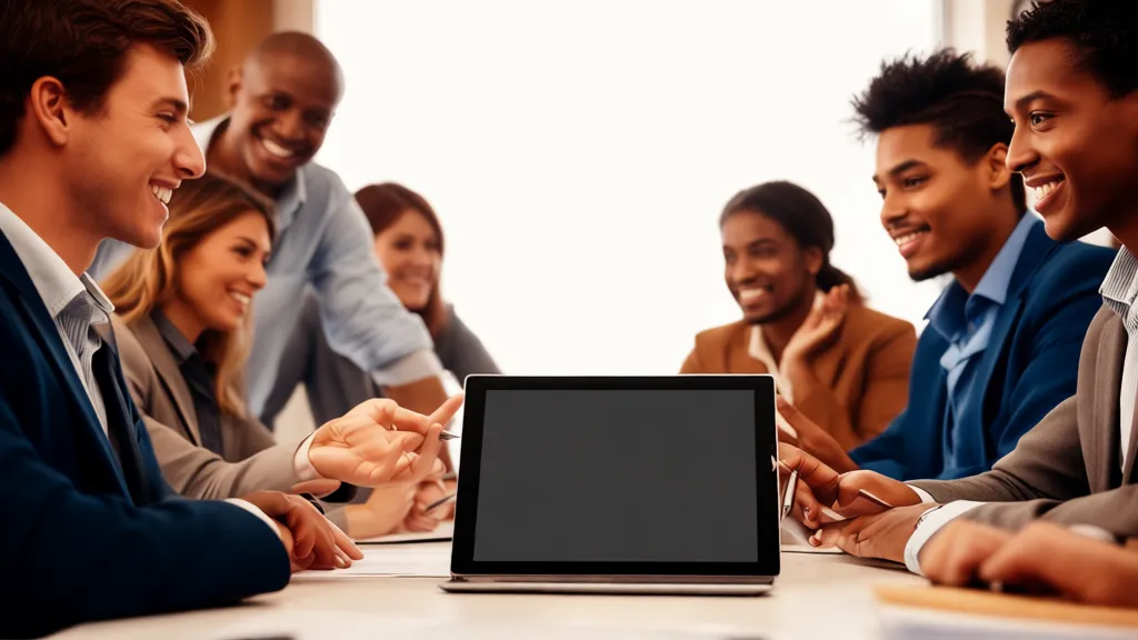 Photorealistic editorial photography of a team of diverse business professionals collaborating efficiently around a tablet displaying a streamlined contract management interface. The palette is professional and inviting, conveying teamwork and productivity. Composition is dynamic, with clean lines and ample negative space. 16:9 landscape aspect ratio. ABSOLUTELY NO text, letters, words, numbers, titles, captions, labels, logos, watermarks, or distorted hands