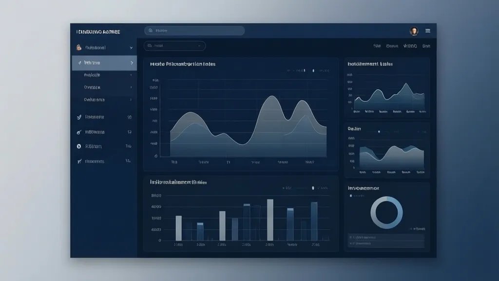Minimalist graphic design of a data analytics dashboard displaying key performance indicators for installment sales, such as revenue, active contracts, and client retention. Professional harmonious color palette with deep blues, light greys, and subtle accents. Professional, trustworthy, modern mood. Rule of thirds, clean background, ample negative space. 16:9 landscape aspect ratio. ABSOLUTELY NO text, letters, words, numbers, titles, captions, labels, logos, watermarks, or distorted hands