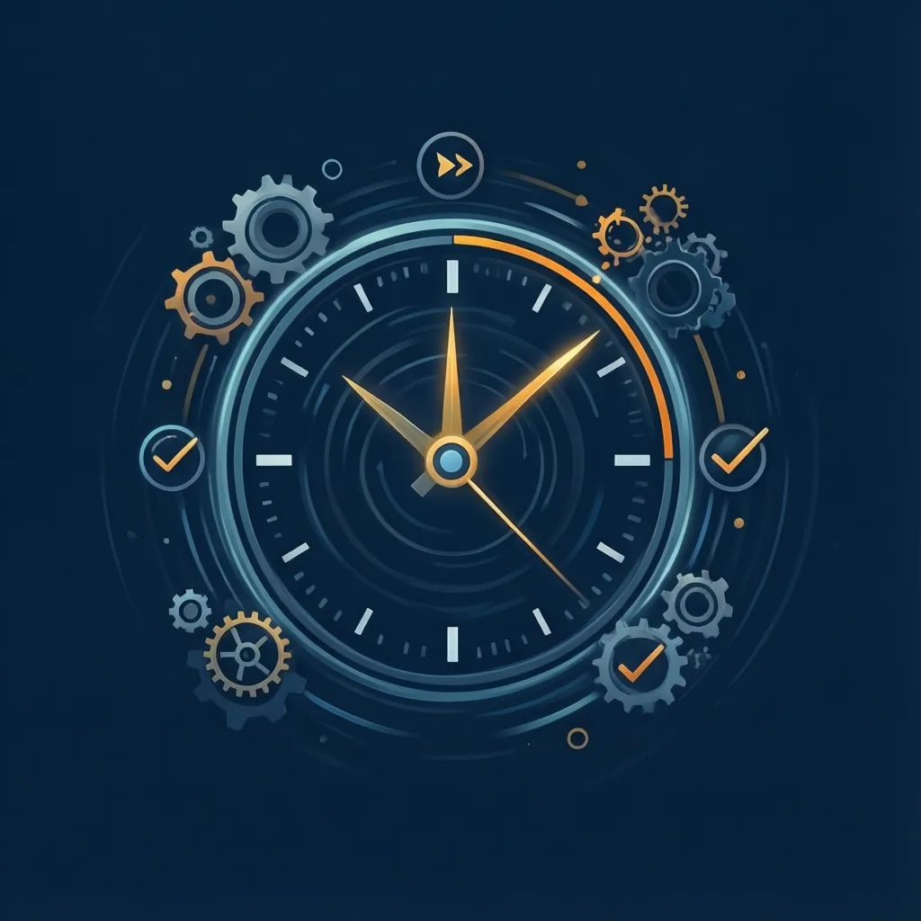 Minimalist graphic design showing a stylized clock with hands moving rapidly, surrounded by icons representing efficiency and automation (e.g., gears, checkmarks, fast-forward symbols). Professional harmonious color palette with bright accents on a neutral background. Professional, trustworthy, modern mood. Rule of thirds composition, clean background, ample negative space. 16:9 landscape aspect ratio. ABSOLUTELY NO text, letters, words, numbers, titles, captions, labels, logos, watermarks, or distorted hands