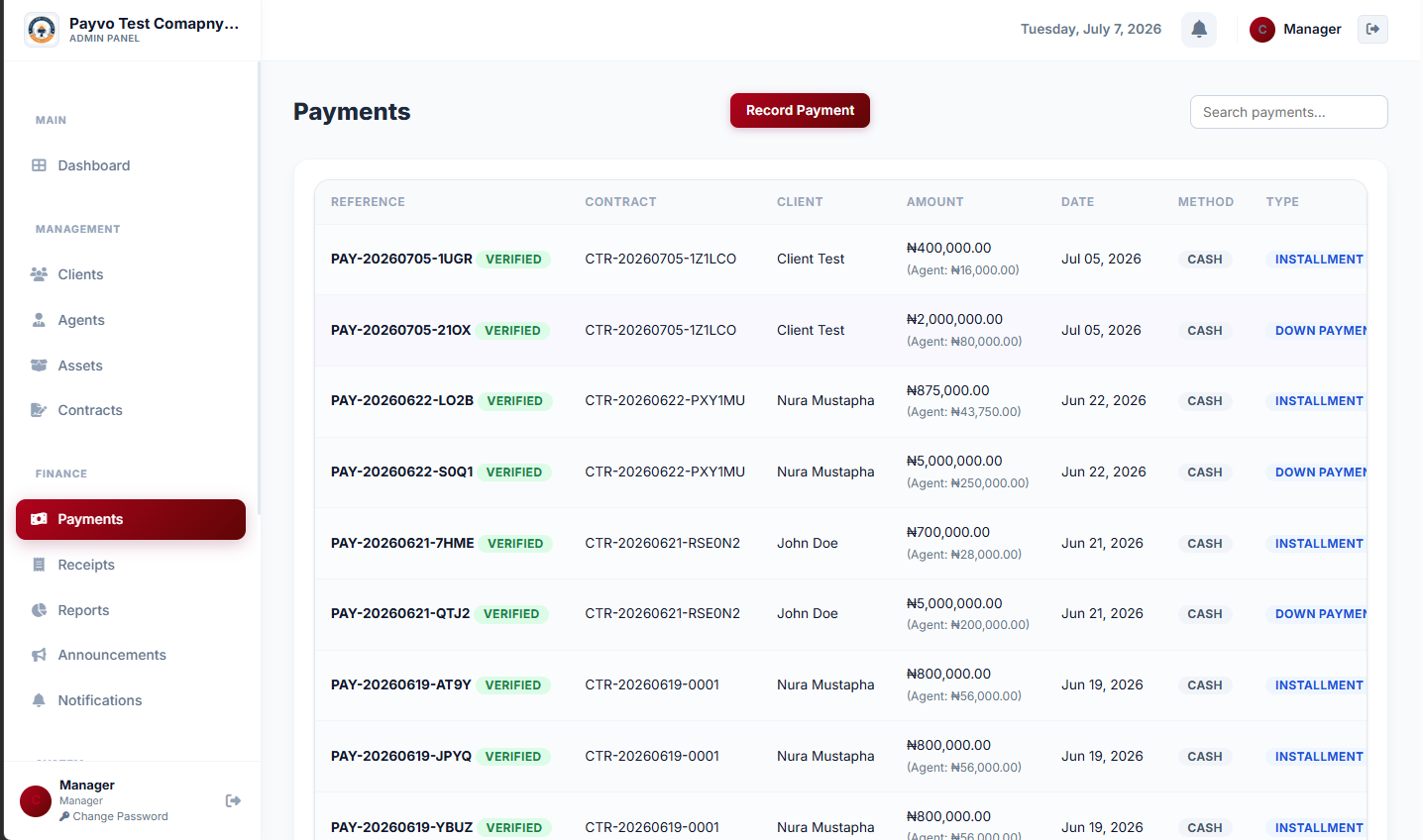Finance: Payment List Page